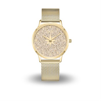 DUR Uhr 40er "Kompass 2" Strandsand,PVD beschichtet, Mesh Band Edelstahl, goldfarben