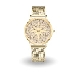 DUR Uhr 36er "Kompass 1" Strandsand,PVD beschichtet, Mesh Band Edelstahl, goldfarben
