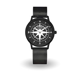 DUR Uhr 36er "Kompass 1" Lavasand, PVD beschichtet, Mesh Band Edelstahl, schwarz