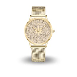 DUR Uhr 40er "Kompass 2" Strandsand,PVD beschichtet, Mesh Band Edelstahl, goldfarben