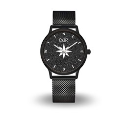 DUR Uhr 40er "Kompass 2" Lavasand, PVD beschichtet, Mesh Band Edelstahl, schwarz