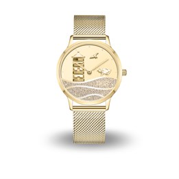 36er DUR Uhr "Pilsumer Leuchtturm" Strandsand, PVD beschichtet, Mesh Band Edelstahl, Farbe: gold