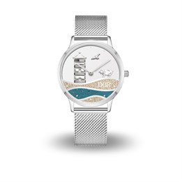 DUR Uhr 40er "Pilsumer Leuchtturm" Strandsand/Blauer Steinsand, Mesh Band Edelstahl