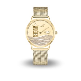 40er DUR Uhr "Pilsumer Leuchtturm" Strandsand, PVD beschichtet, Mesh Band Edelstahl, Farbe: gold